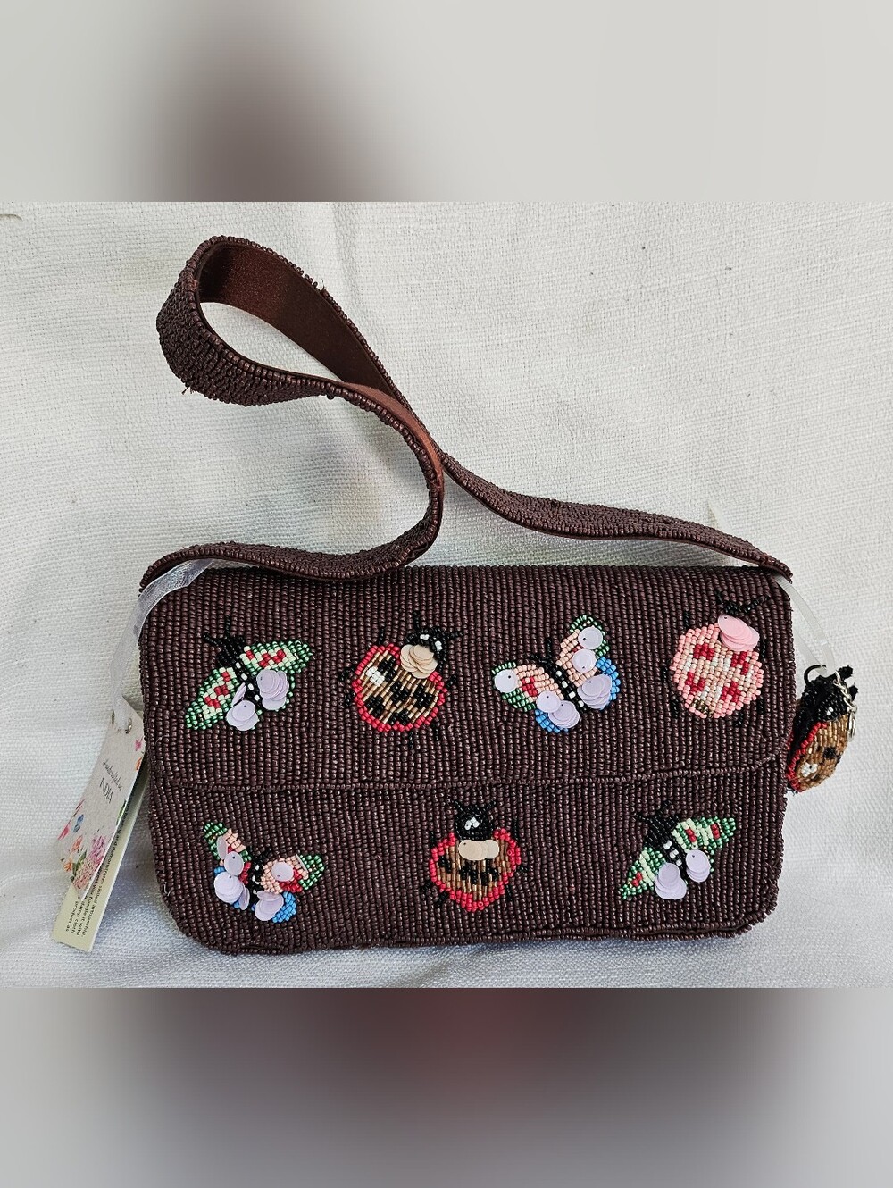 NEW RELEASE Viral Made In India Beaded Brown Butterfly Ladybug Bag NWT Bug Charm